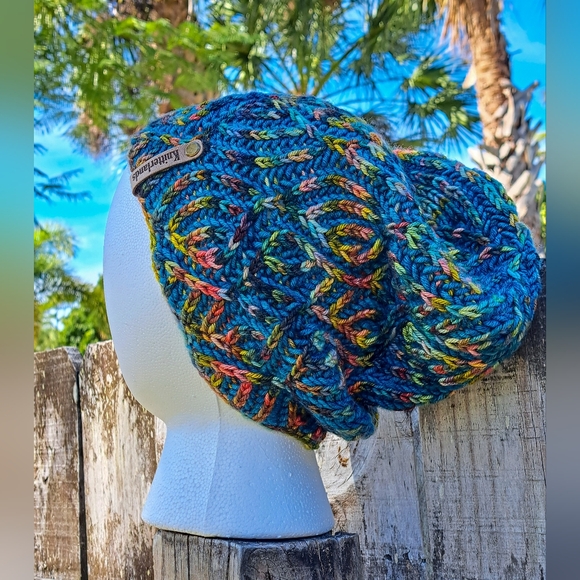 Knit Hat Warm Hand Dyed Soft Wool Green Multicolor Striped Brioche Stocking Cap - Picture 8 of 13